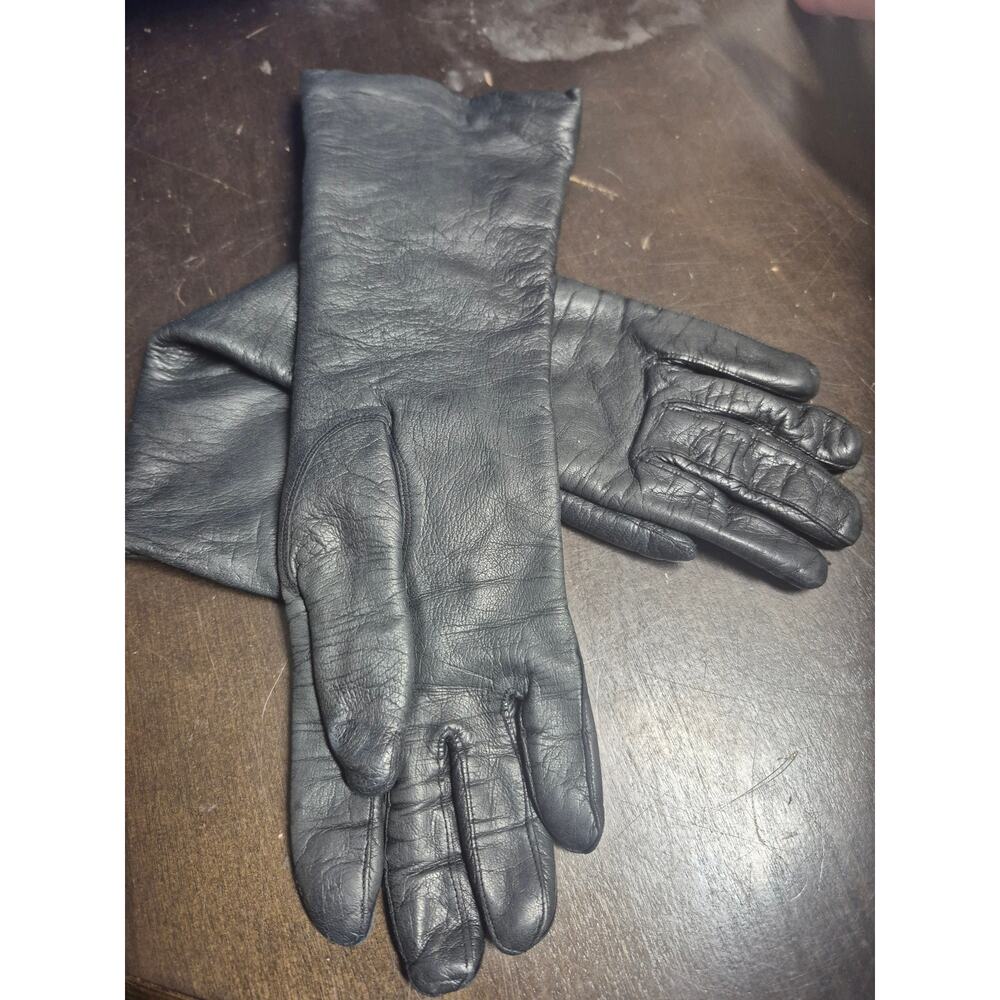 Vtg Macy Associates Black Leather Gloves Italian 100% Wool Lined Size 6.5 8292 - Picture 2 of 5